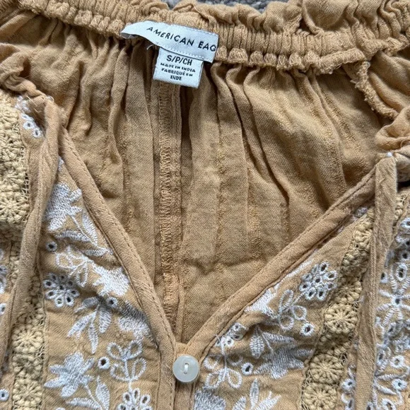 American Eagle Outfitters Mustard Cropped Embroidered Long-Sleeve Blouse - Picture 3 of 5